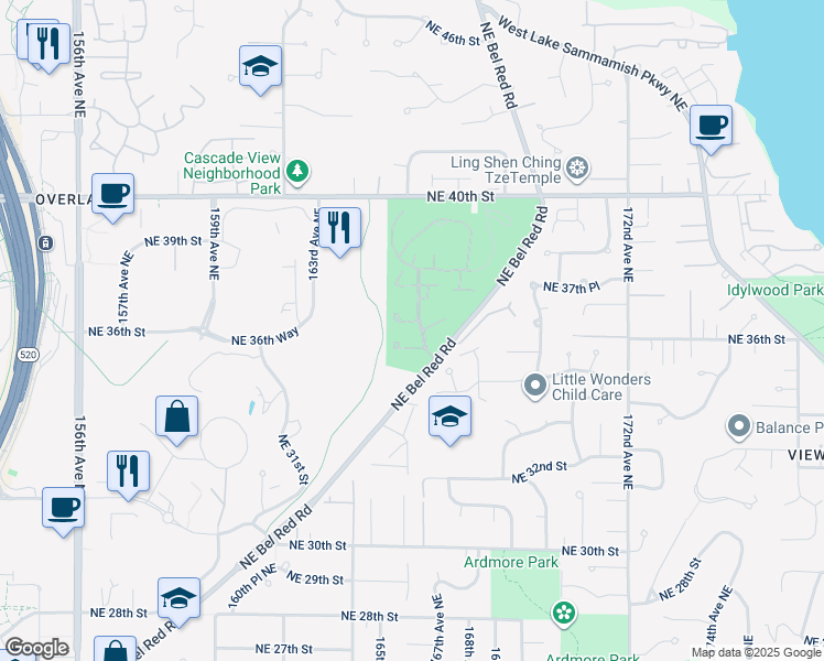 map of restaurants, bars, coffee shops, grocery stores, and more near 16539 Northeast 35th Court in Redmond