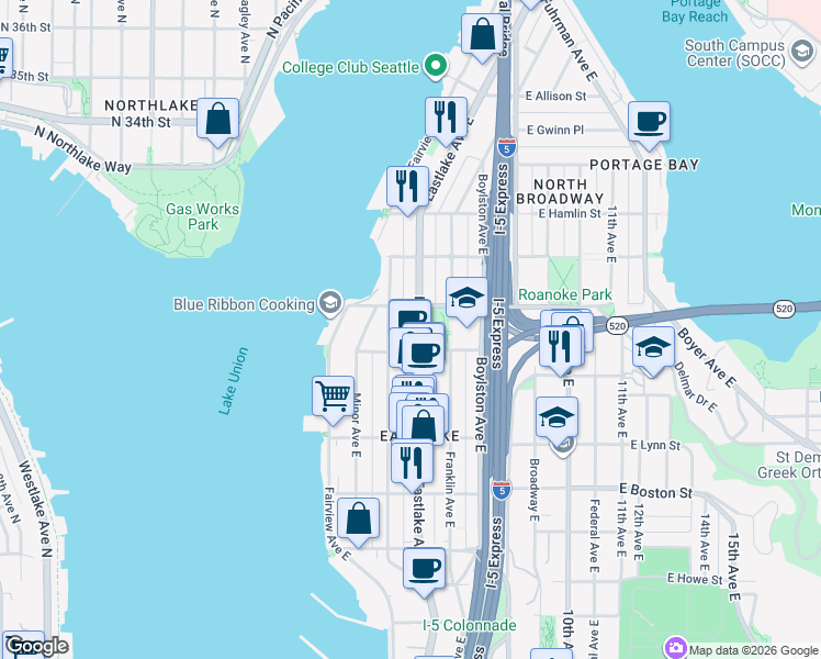 map of restaurants, bars, coffee shops, grocery stores, and more near 109 East Roanoke Street in Seattle