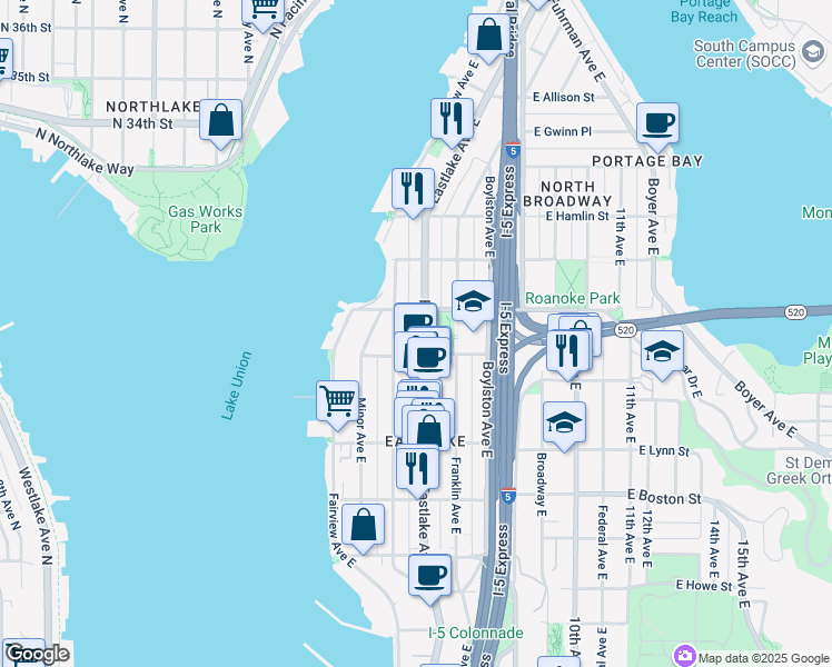map of restaurants, bars, coffee shops, grocery stores, and more near 2517 Eastlake Avenue East in Seattle