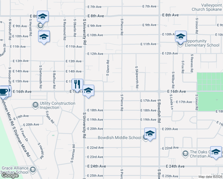 map of restaurants, bars, coffee shops, grocery stores, and more near 10912 East 15th Avenue in Spokane Valley