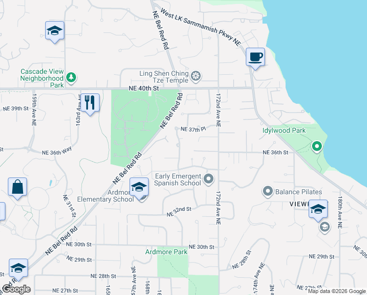map of restaurants, bars, coffee shops, grocery stores, and more near 17004 Northeast 36th Street in Bellevue
