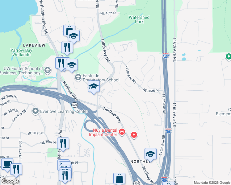 map of restaurants, bars, coffee shops, grocery stores, and more near 10819 Northeast 37th Place in Bellevue