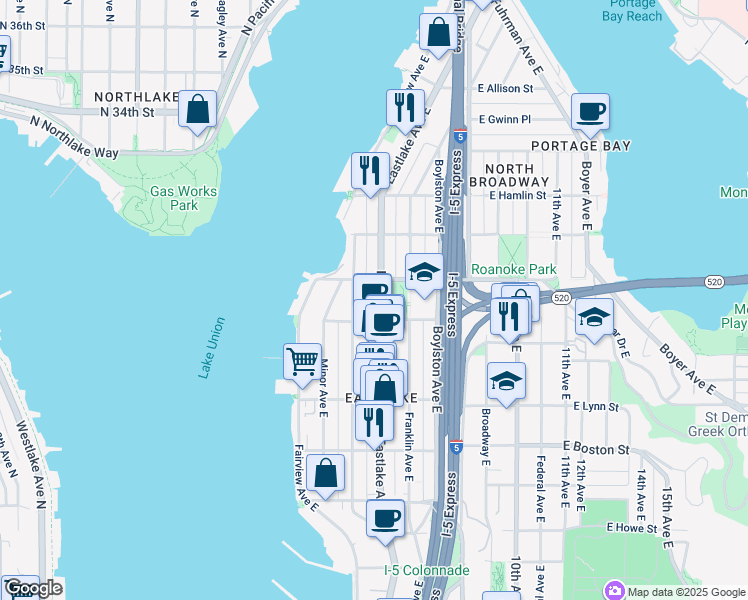 map of restaurants, bars, coffee shops, grocery stores, and more near 109 East Roanoke Street in Seattle