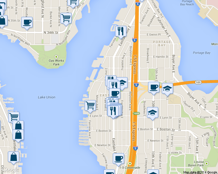 map of restaurants, bars, coffee shops, grocery stores, and more near 109 East Roanoke Street in Seattle