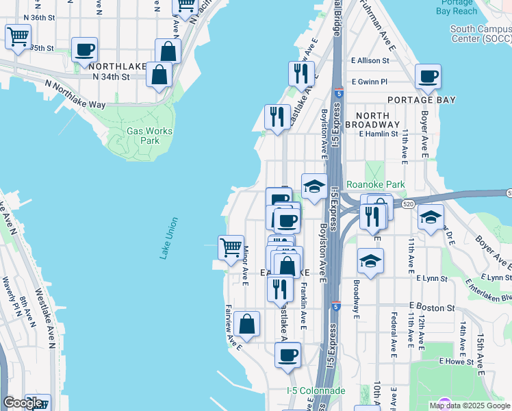 map of restaurants, bars, coffee shops, grocery stores, and more near 85 East Roanoke Street in Seattle