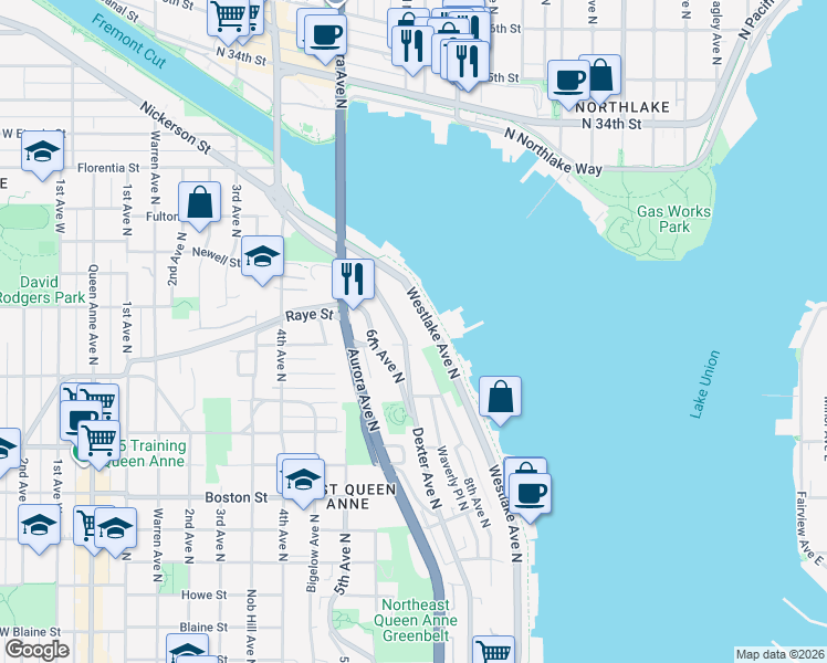 map of restaurants, bars, coffee shops, grocery stores, and more near 2533 Westlake Avenue North in Seattle