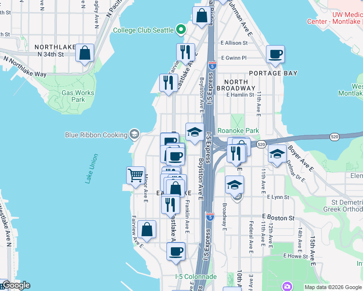 map of restaurants, bars, coffee shops, grocery stores, and more near 249 East Roanoke Street in Seattle