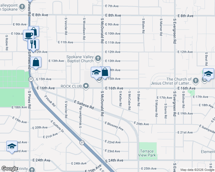 map of restaurants, bars, coffee shops, grocery stores, and more near 13113 East 16th Avenue in Spokane Valley
