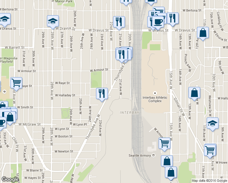 map of restaurants, bars, coffee shops, grocery stores, and more near 2562 Thorndyke Avenue West in Seattle