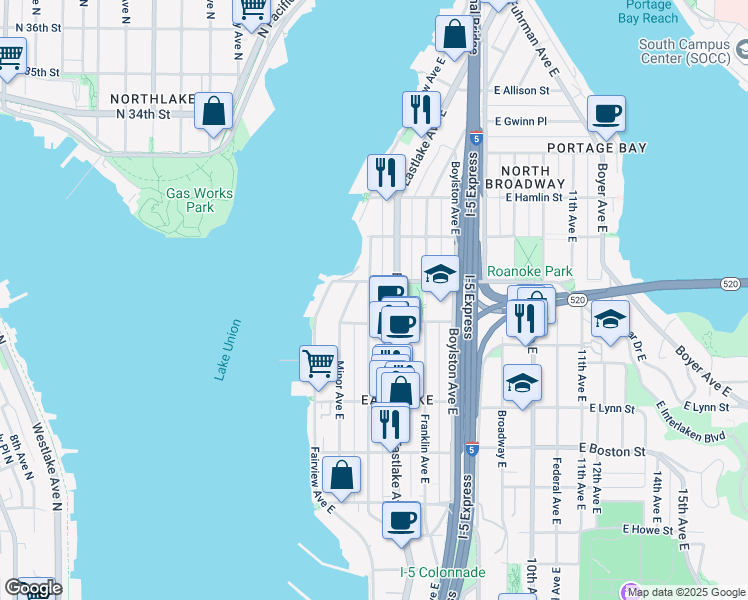 map of restaurants, bars, coffee shops, grocery stores, and more near 109 East Roanoke Street in Seattle