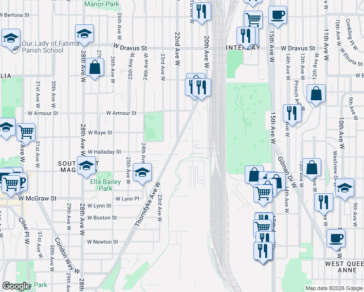 map of restaurants, bars, coffee shops, grocery stores, and more near 2562 Thorndyke Avenue West in Seattle