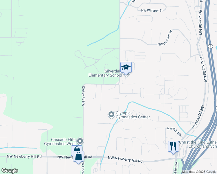 map of restaurants, bars, coffee shops, grocery stores, and more near 8858 Dickey Road Northwest in Silverdale