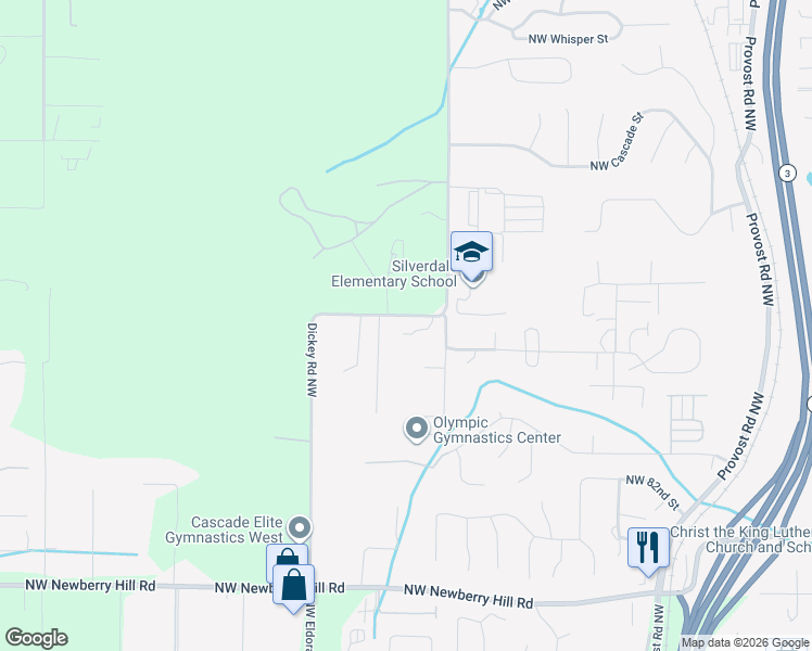 map of restaurants, bars, coffee shops, grocery stores, and more near 8858 Dickey Road Northwest in Silverdale