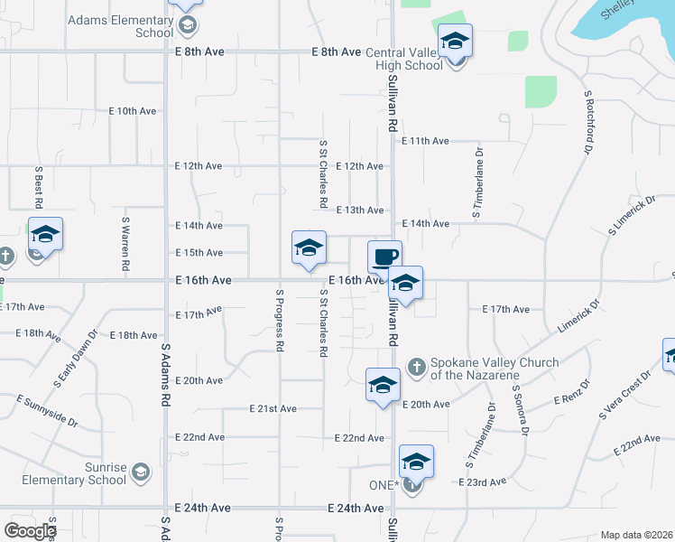 map of restaurants, bars, coffee shops, grocery stores, and more near 15217 East 15th Avenue in Spokane Valley