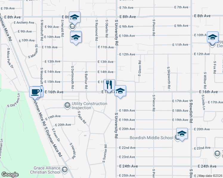 map of restaurants, bars, coffee shops, grocery stores, and more near 1511 South Oberlin Road in Spokane Valley