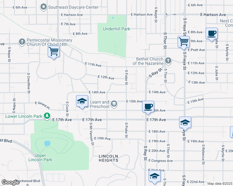 map of restaurants, bars, coffee shops, grocery stores, and more near 2921 East 14th Avenue in Spokane