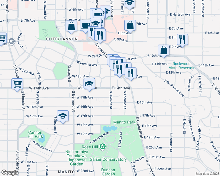 map of restaurants, bars, coffee shops, grocery stores, and more near 7 East 14th Avenue in Spokane