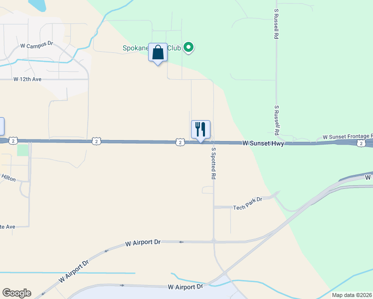 map of restaurants, bars, coffee shops, grocery stores, and more near 7734 West Sunset Highway in Spokane