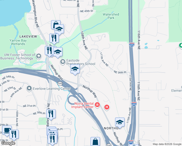 map of restaurants, bars, coffee shops, grocery stores, and more near 10819 Northeast 37th Place in Bellevue