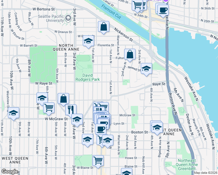 map of restaurants, bars, coffee shops, grocery stores, and more near 2550 Queen Anne Avenue North in Seattle