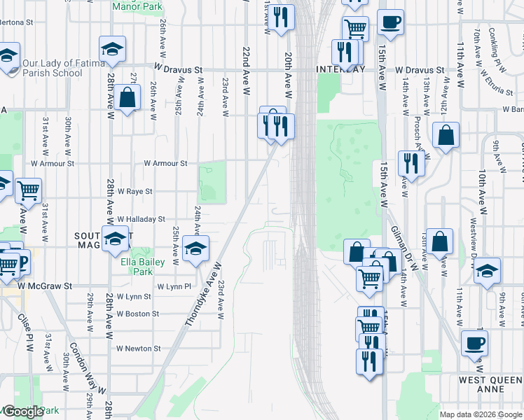 map of restaurants, bars, coffee shops, grocery stores, and more near 2600 21st Avenue West in Seattle