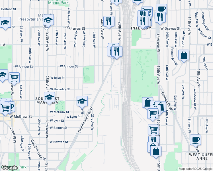 map of restaurants, bars, coffee shops, grocery stores, and more near 2600 21st Avenue West in Seattle