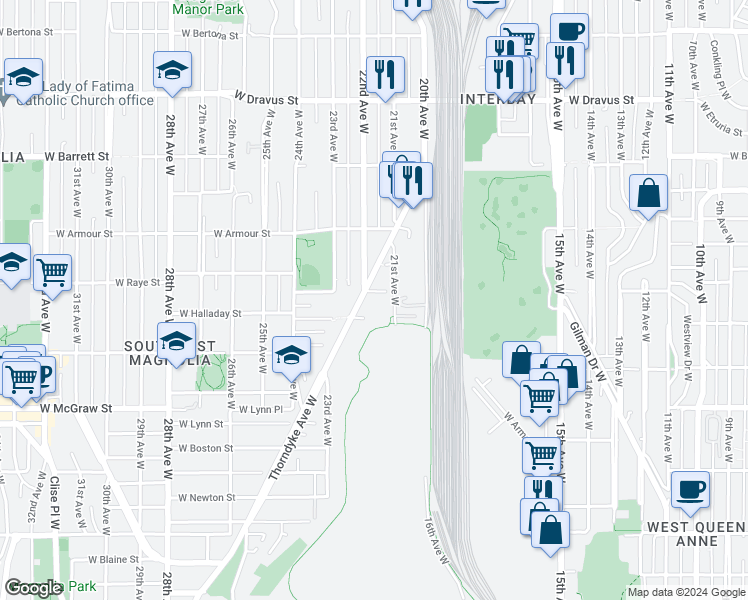 map of restaurants, bars, coffee shops, grocery stores, and more near 2109 West Raye Street in Seattle