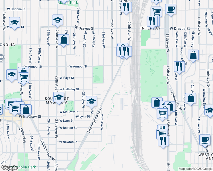 map of restaurants, bars, coffee shops, grocery stores, and more near 2603 B 22nd Avenue West in Seattle