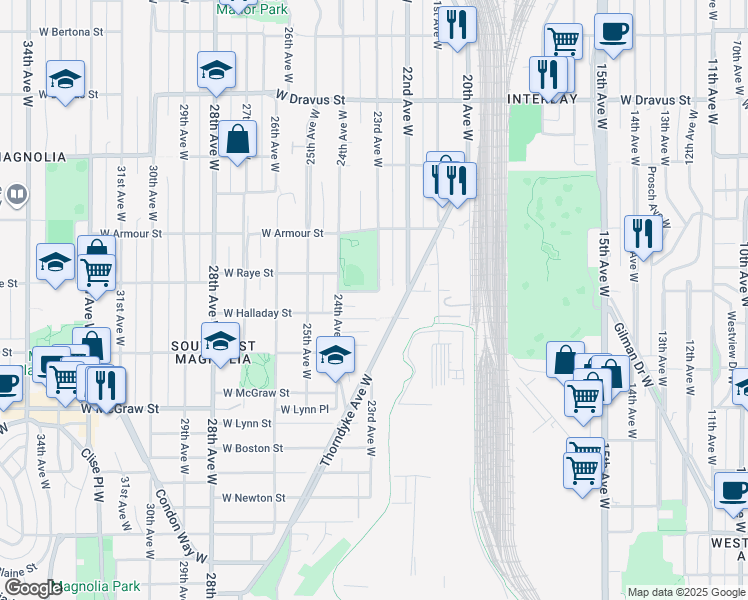 map of restaurants, bars, coffee shops, grocery stores, and more near 2307 West Raye Street in Seattle