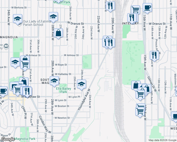 map of restaurants, bars, coffee shops, grocery stores, and more near 2307 West Raye Street in Seattle