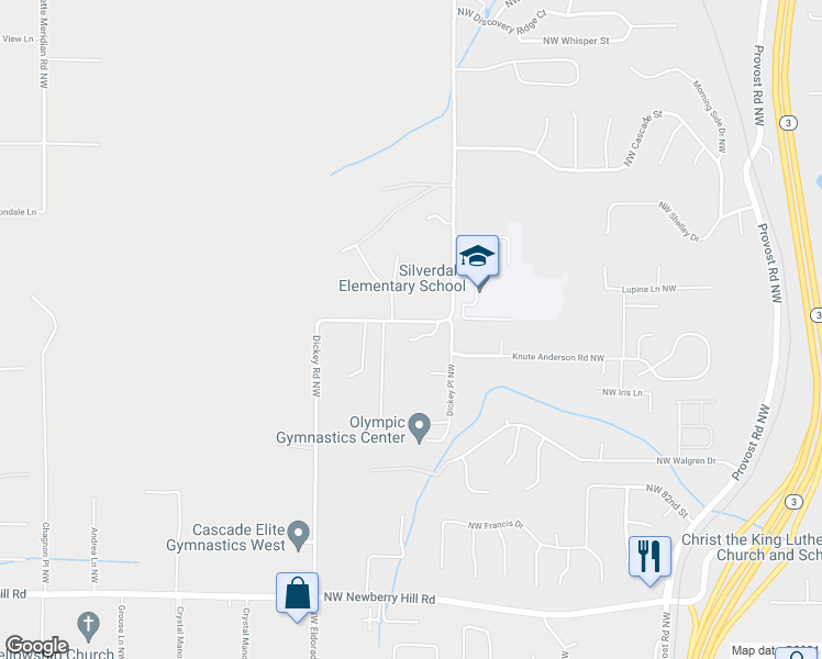 map of restaurants, bars, coffee shops, grocery stores, and more near 8858 Dickey Road Northwest in Silverdale