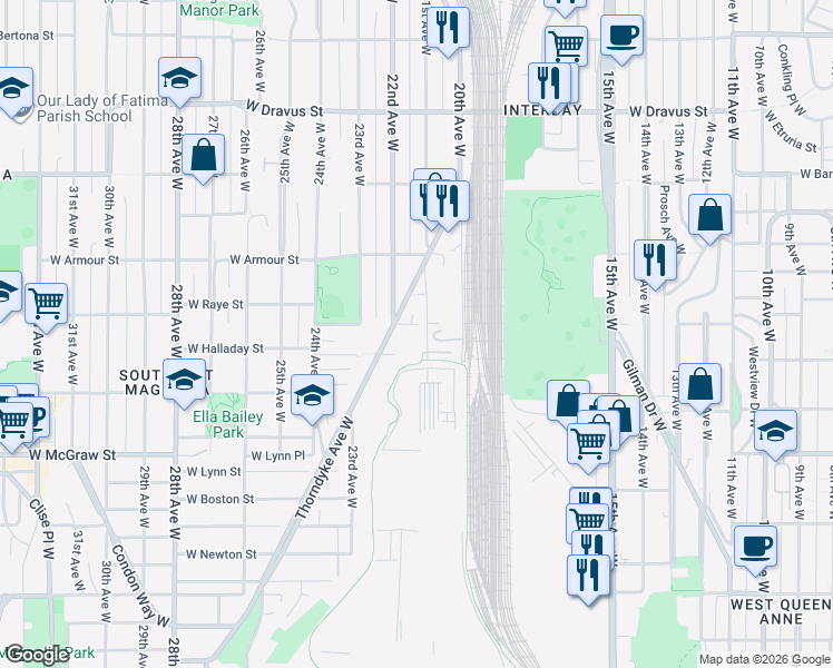 map of restaurants, bars, coffee shops, grocery stores, and more near 2600 21st Avenue West in Seattle