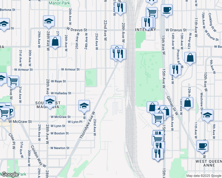 map of restaurants, bars, coffee shops, grocery stores, and more near 2109 West Raye Street in Seattle