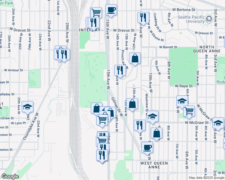map of restaurants, bars, coffee shops, grocery stores, and more near 2572 Gilman Drive West in Seattle