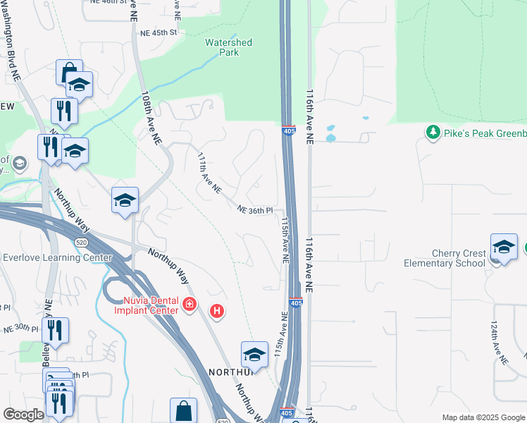map of restaurants, bars, coffee shops, grocery stores, and more near 11306 Northeast 36th Place in Bellevue