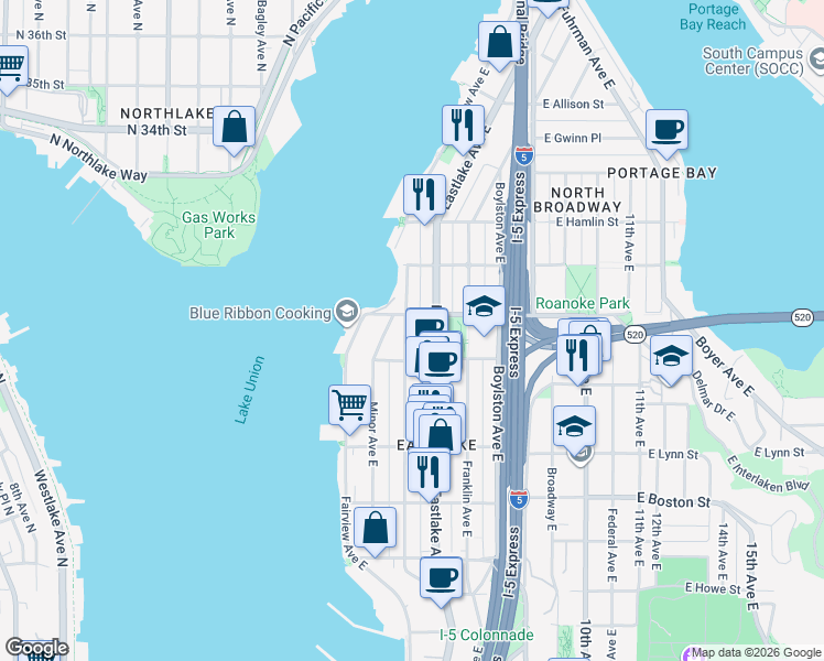 map of restaurants, bars, coffee shops, grocery stores, and more near 2526 Yale Avenue East in Seattle