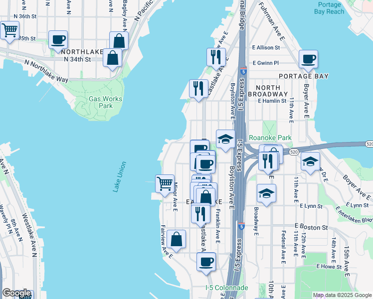 map of restaurants, bars, coffee shops, grocery stores, and more near 85 East Roanoke Street in Seattle