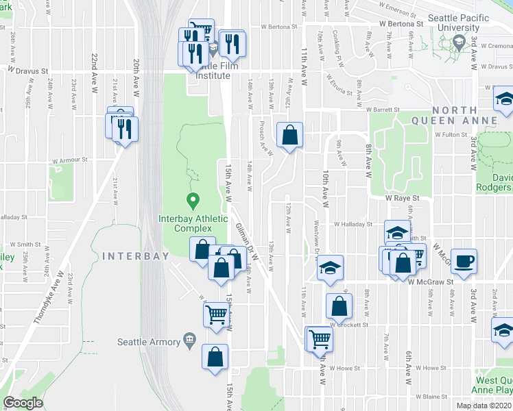 map of restaurants, bars, coffee shops, grocery stores, and more near 2602 14th Avenue West in Seattle