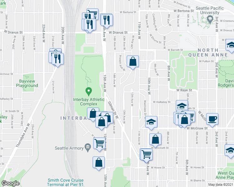 map of restaurants, bars, coffee shops, grocery stores, and more near 2572 14th Avenue West in Seattle
