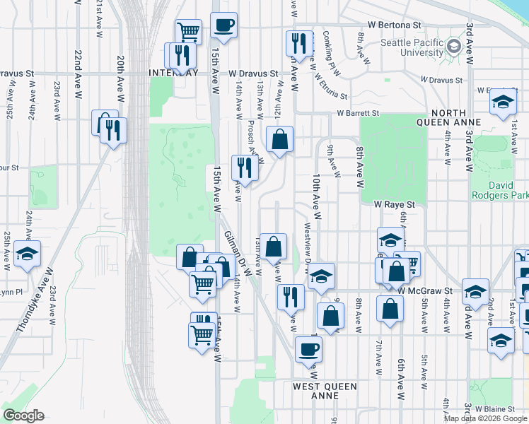 map of restaurants, bars, coffee shops, grocery stores, and more near 2572 13th Avenue West in Seattle