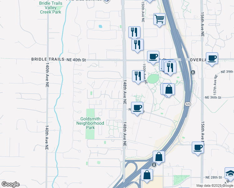 map of restaurants, bars, coffee shops, grocery stores, and more near 3610 147th Place Northeast in Bellevue