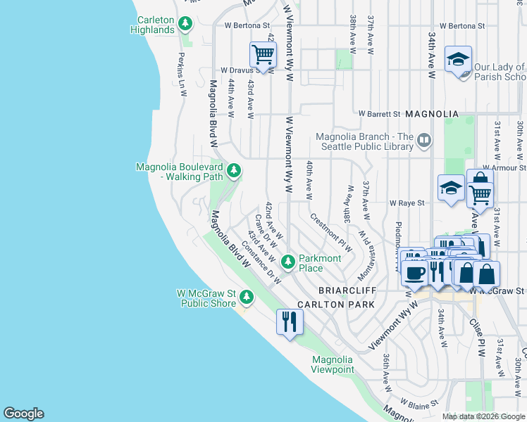 map of restaurants, bars, coffee shops, grocery stores, and more near 2526 42nd Avenue West in Seattle