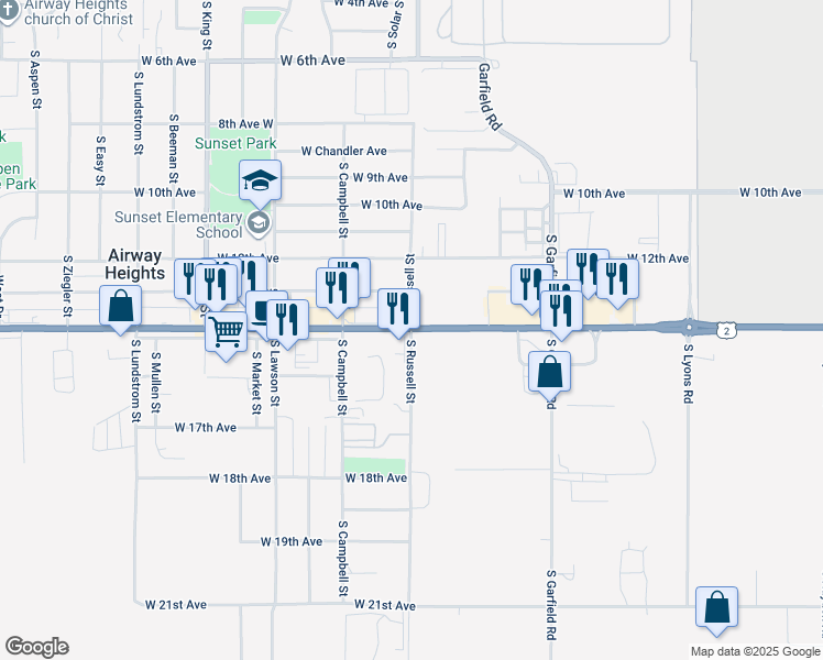 map of restaurants, bars, coffee shops, grocery stores, and more near 11919 Sprague Avenue in Airway Heights