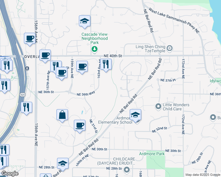 map of restaurants, bars, coffee shops, grocery stores, and more near 3620 163rd Avenue Northeast in Redmond