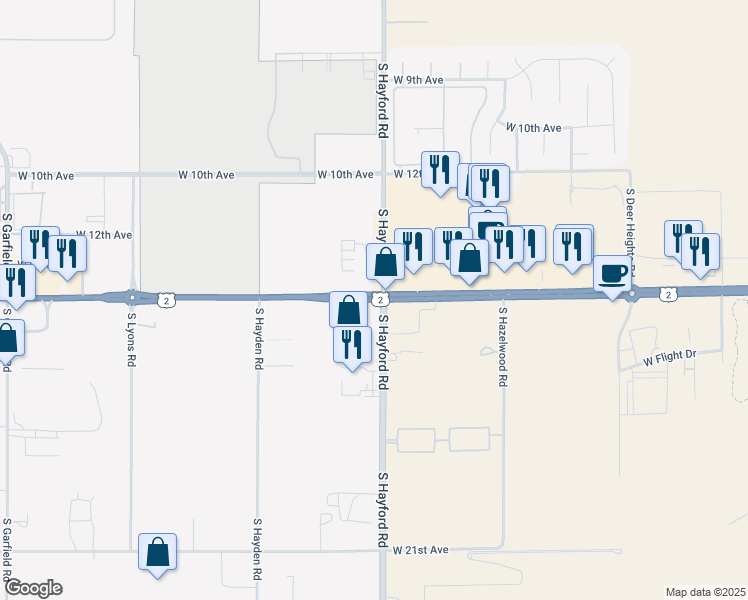 map of restaurants, bars, coffee shops, grocery stores, and more near 10811 U.S. 2 in Airway Heights