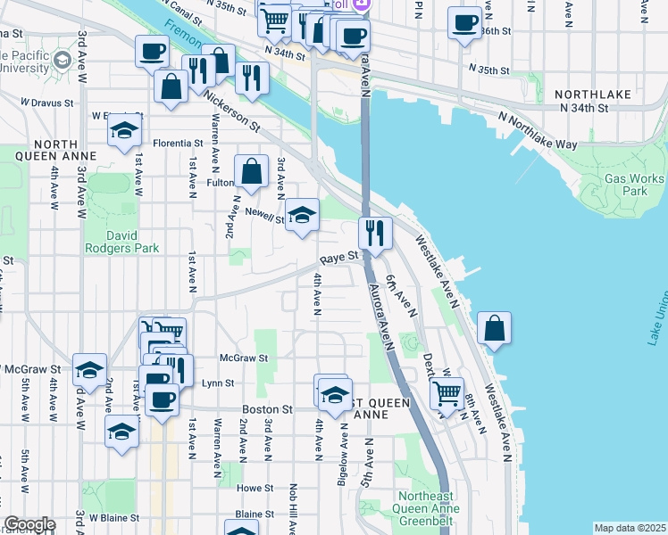 map of restaurants, bars, coffee shops, grocery stores, and more near 413 Raye Street in Seattle