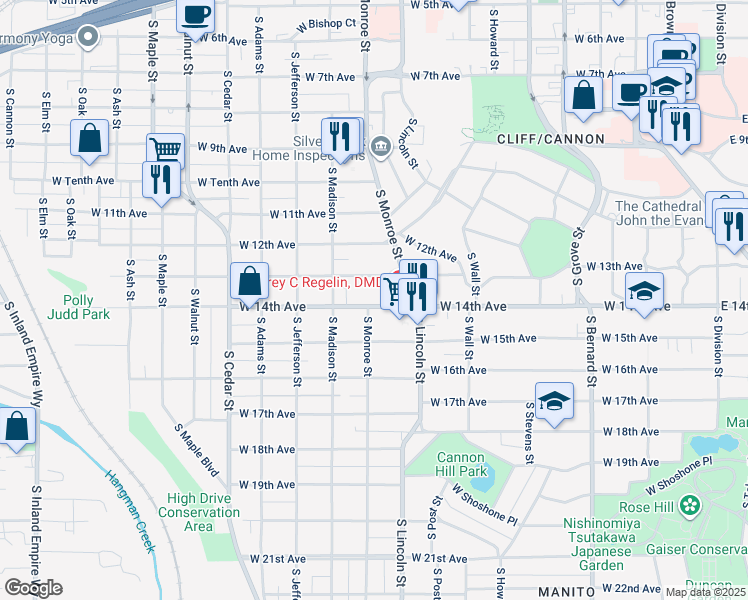 map of restaurants, bars, coffee shops, grocery stores, and more near 934 West 14th Avenue in Spokane