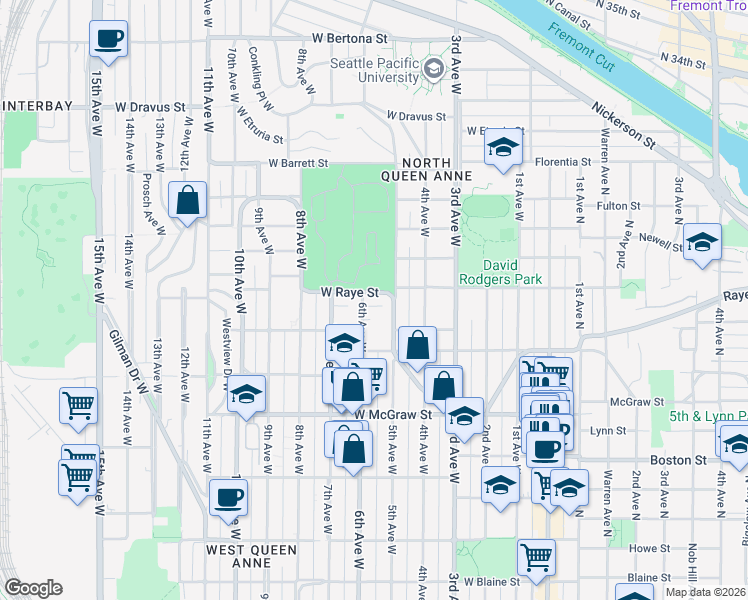 map of restaurants, bars, coffee shops, grocery stores, and more near 2581 5th Avenue West in Seattle