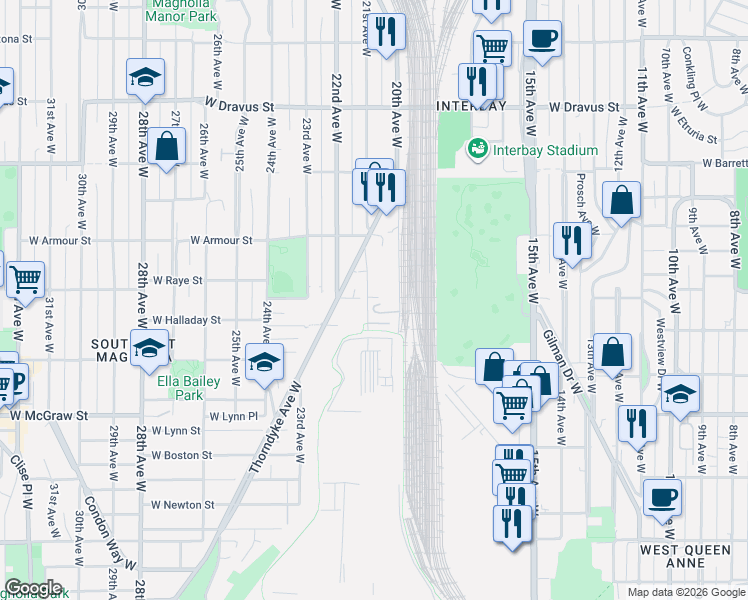 map of restaurants, bars, coffee shops, grocery stores, and more near 2600 21st Avenue West in Seattle