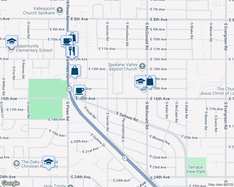 map of restaurants, bars, coffee shops, grocery stores, and more near 1506 South Woodlawn Road in Spokane Valley